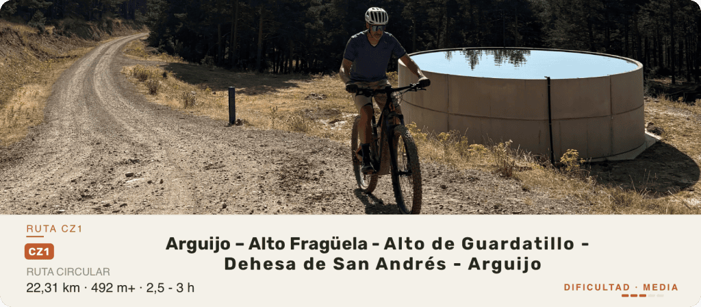 Ciclista de MTB junto al depósito contra incendios en la ruta MTB circular en Soria desde Arguijo